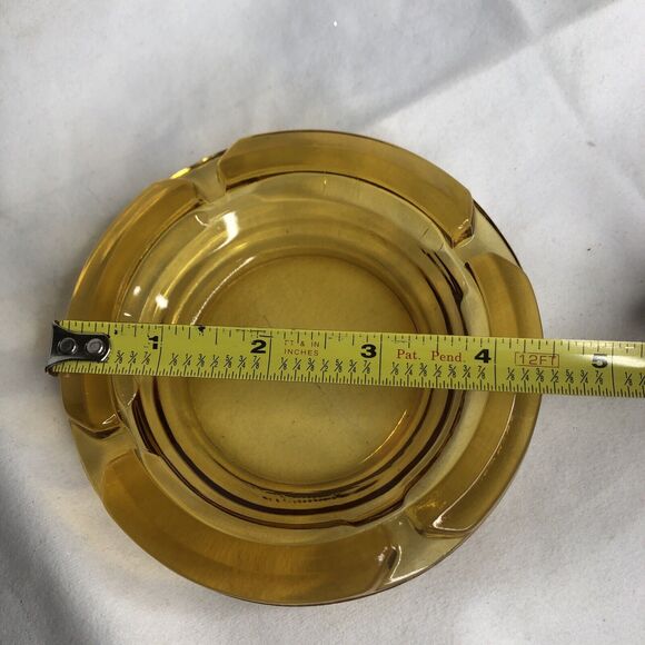 Vintage Amber Ashtray 4.5" Round Sun Yellow Heavy Thick Cut Glass - Picture 9 of 12